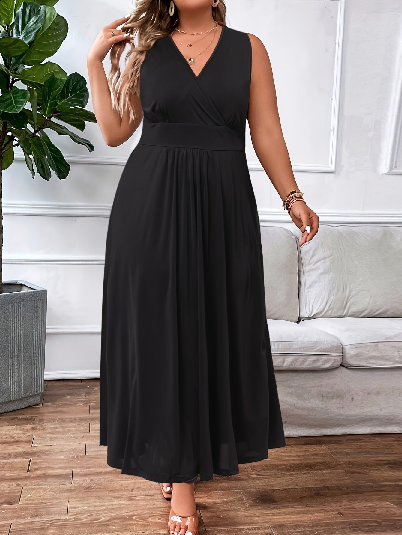  Solid Surplice Neck Maxi Dress