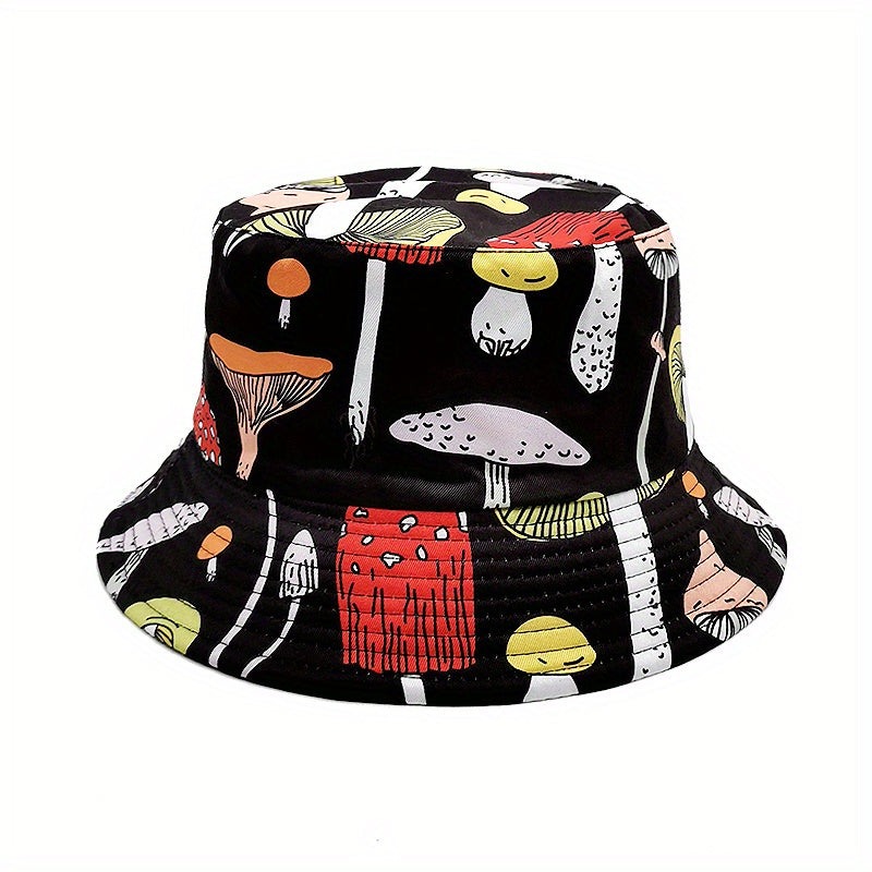 Mushroom Print Reversible Bucket Hat Casual Hip Hop Basin Hat