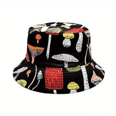 Mushroom Print Reversible Bucket Hat Casual Hip Hop Basin Hat