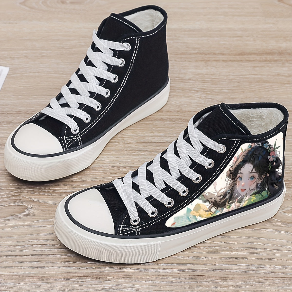 Anime Girl Print Plush Lined Chunky Canvas Sneakers