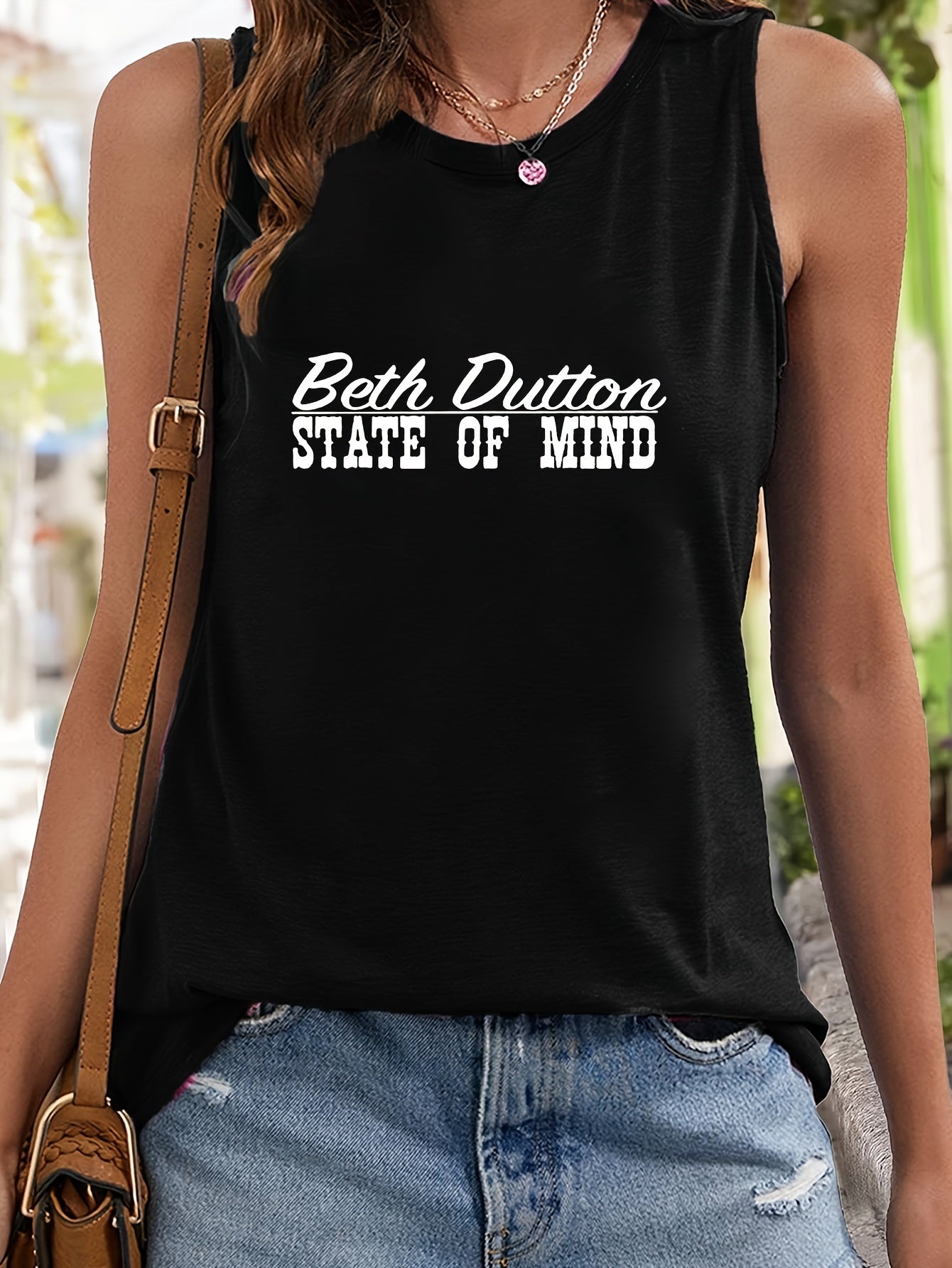 Letter Print Slimming Tank Top Loose Crew Neck Sleeveless Tunic Top