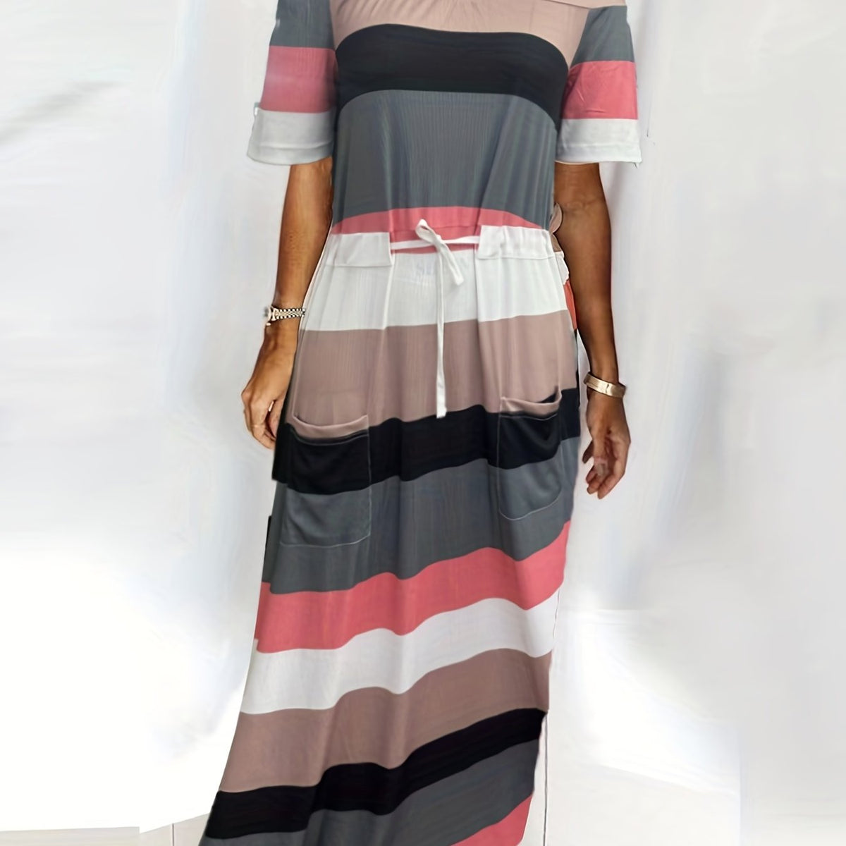  Colorblock Striped Off Shoulder Maxi Dress With Pockets
