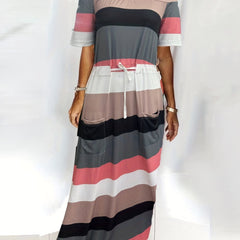  Colorblock Striped Off Shoulder Maxi Dress With Pockets