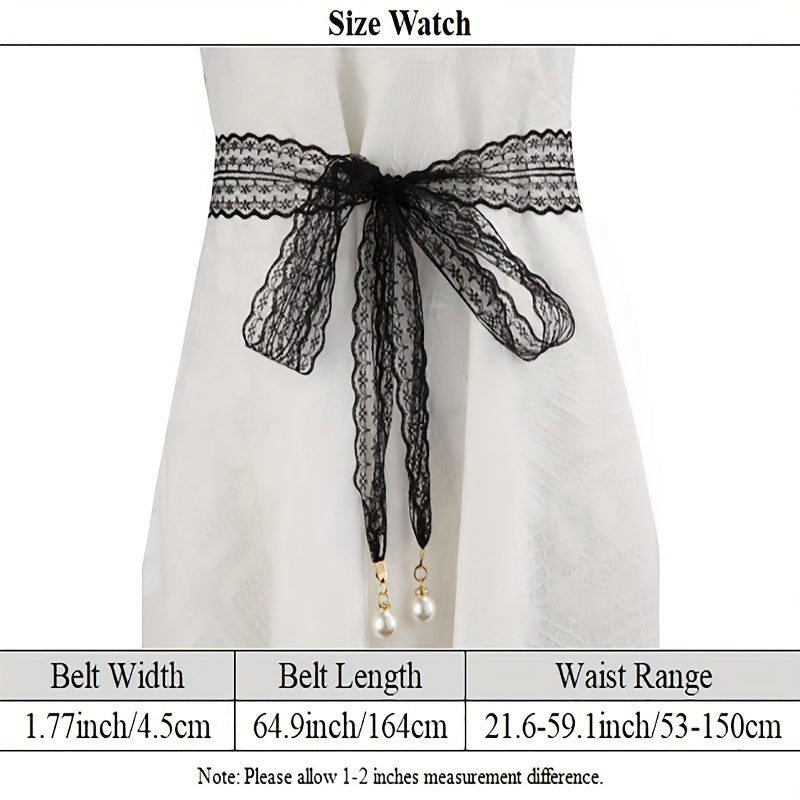 Faux Pearl Pendant Lace Girdle Sash Belt Bow Knotted Waistband Dress Girdle