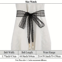 Faux Pearl Pendant Lace Girdle Sash Belt Bow Knotted Waistband Dress Girdle