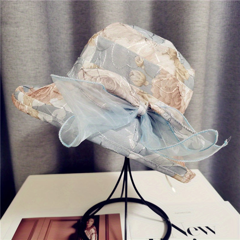Flower Print Bucket Hat Ribbon Bow Decor Sun Hats Lightweight