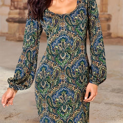  Boho Dress Women's Paisley Floral Print Lantern Sleeve Midi Dress