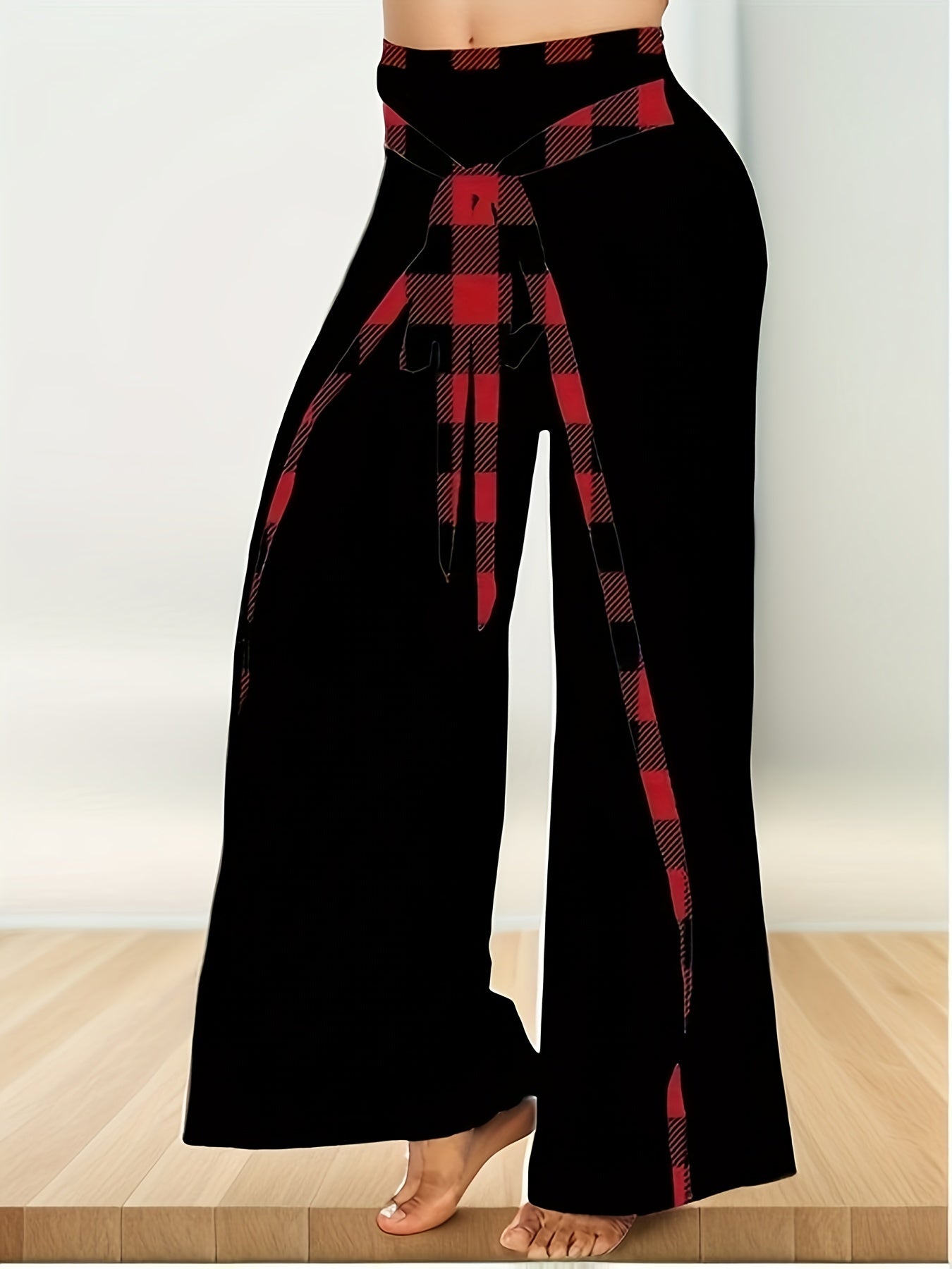 Women's Plus Plaid Print High Waist Wide Leg Pants With Belt