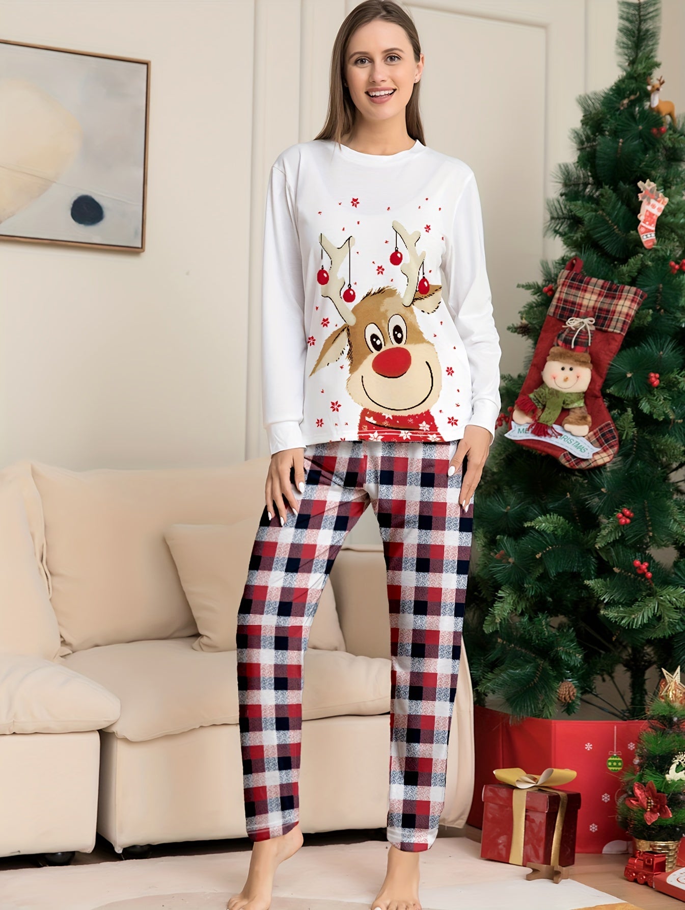 Reindeer Print Pajama Set Long Sleeve Top & Plaid Pants Women's Sleepwear