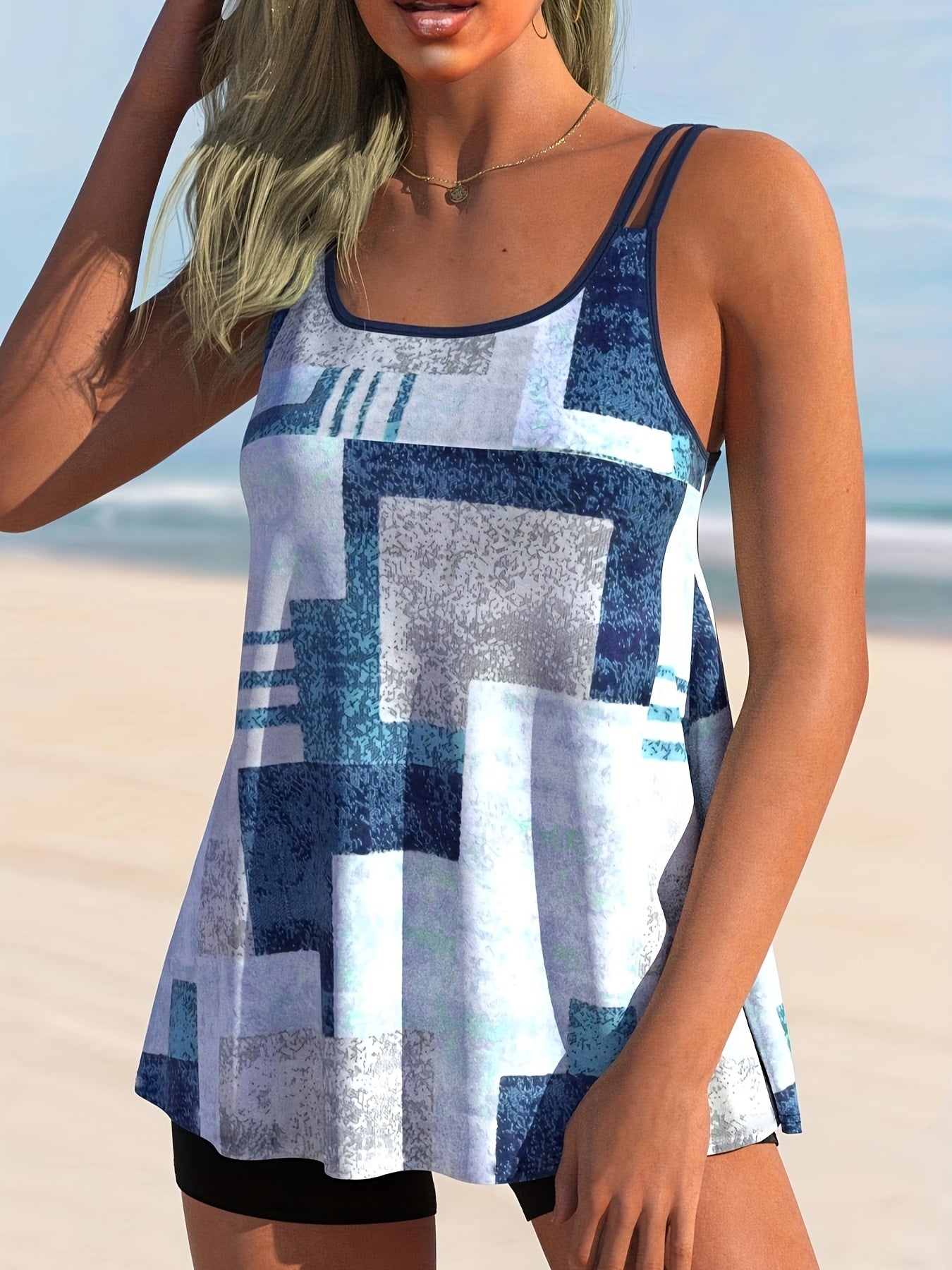  Modest Tankini Set Patchwork Print Cami Top & Shorts Swimsuit