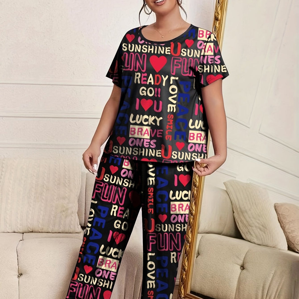  Heart & Letter Print Pajama Set Short Sleeve T-shirt & Pants