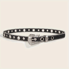 Glitter Rhinestone Belt Eyelet Pin Buckle PU Leather Belt