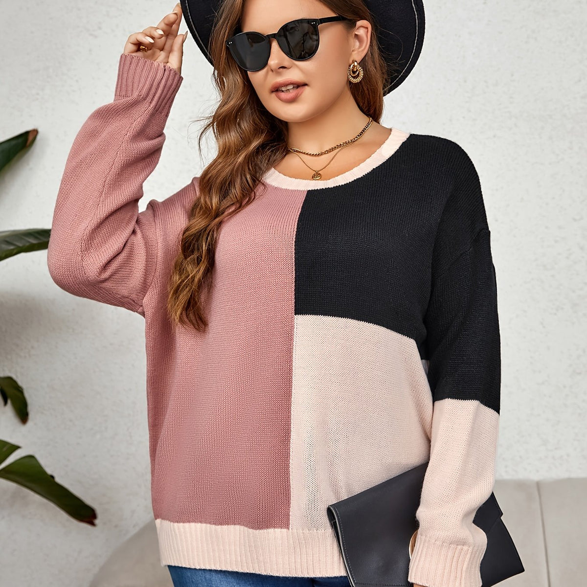  Colorblock Round Neck Sweater