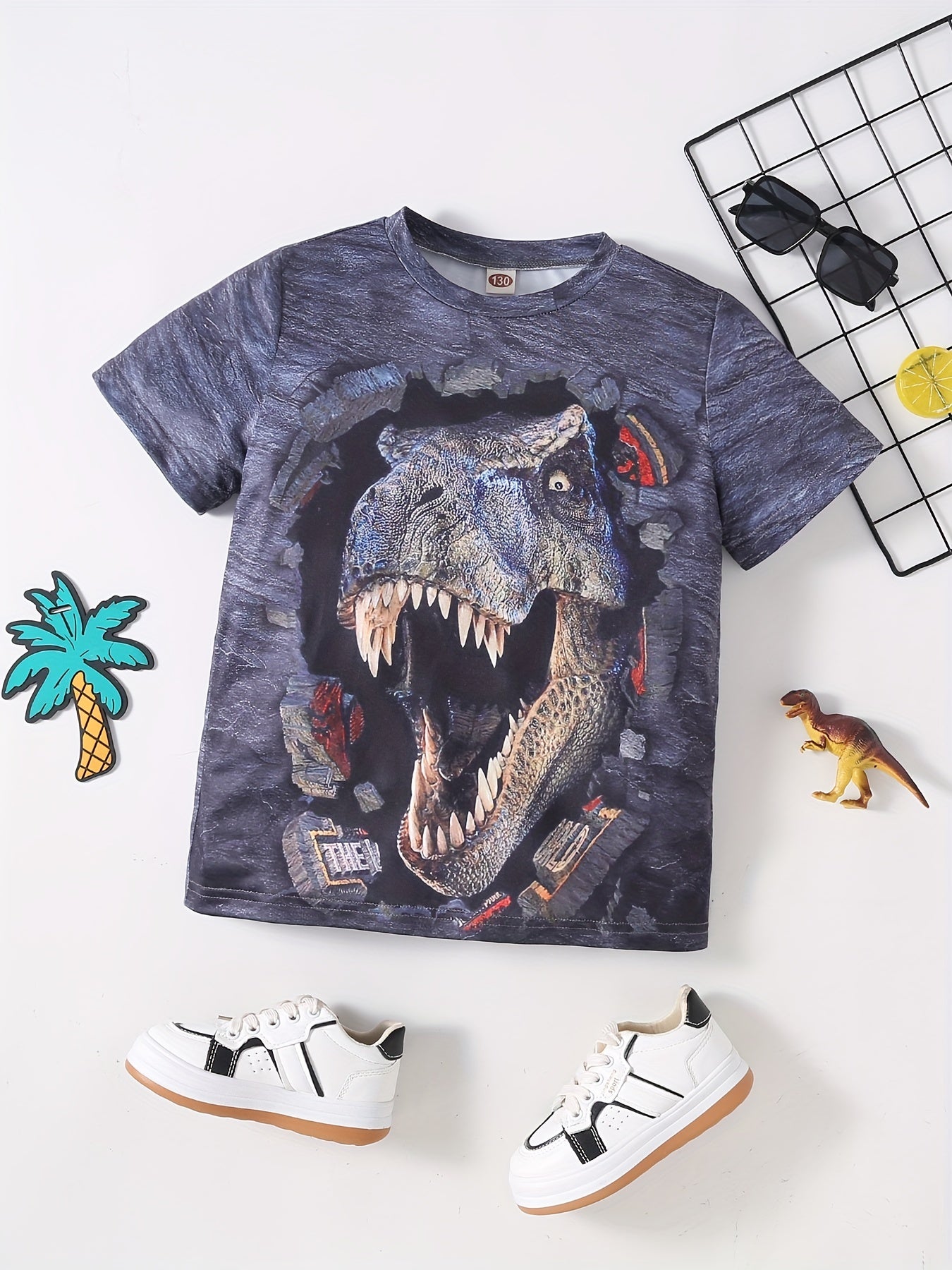 Boys' Dino Print Tee - Comfortable and Stylish Crew Neck T-shirt for Summer