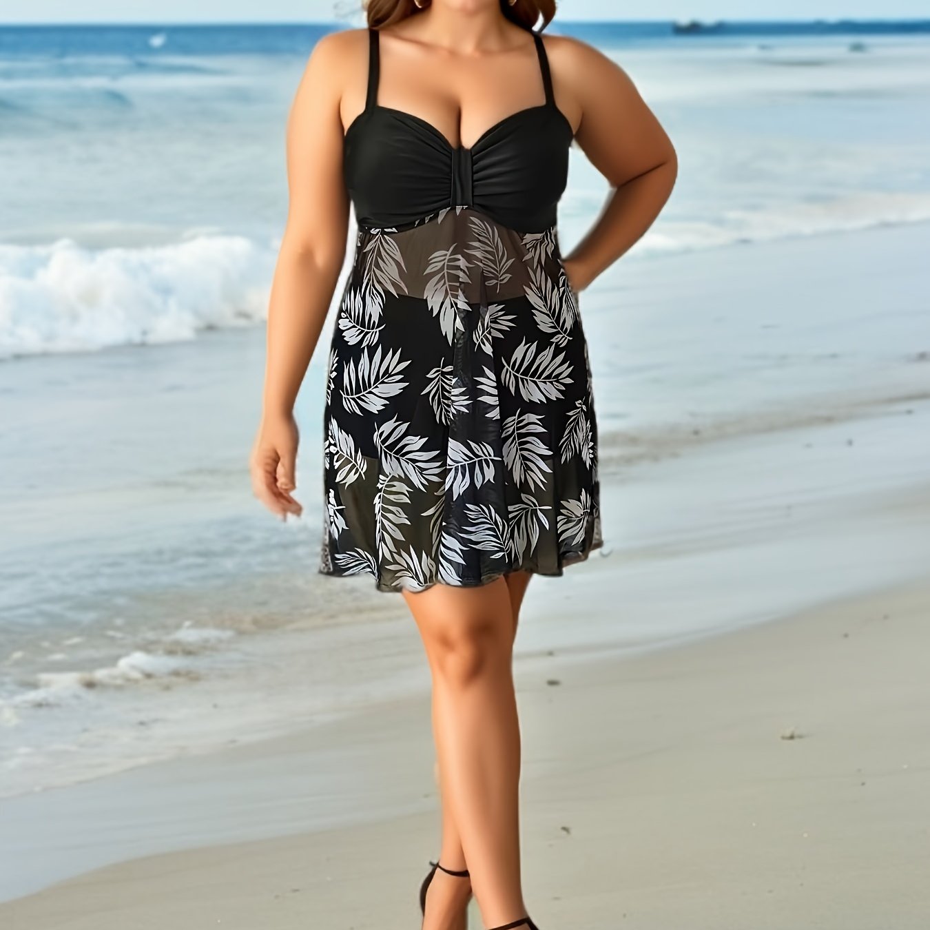  Vacay Tankini Set Women's Plus Contrast Tropical Print