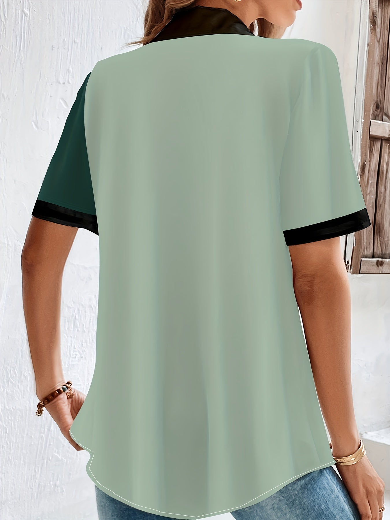  Colorblock Button Up Short Sleeve Blouse
