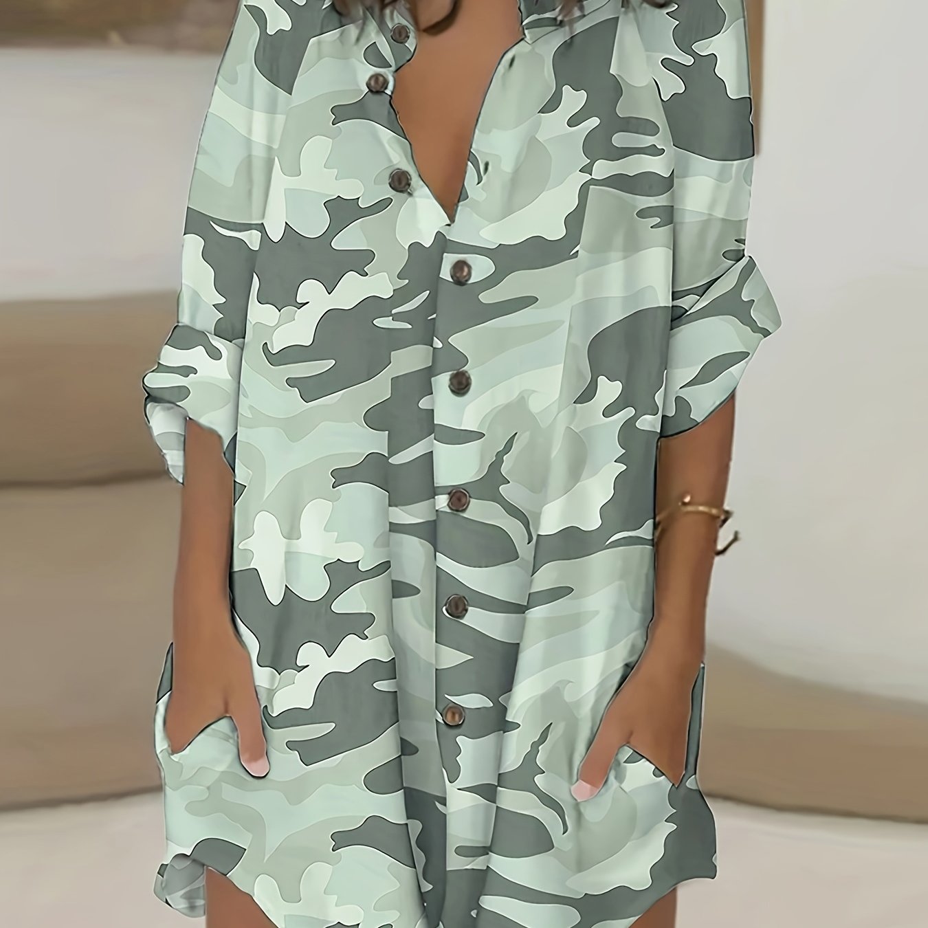  Camo Long Sleeve Button Up Tunic Shirt Top