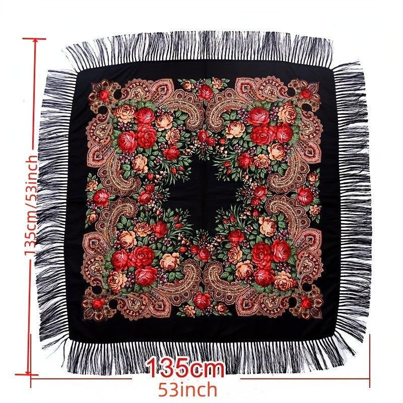 Print Square Scarf Tassel Shawl Women's Clothing Accessories