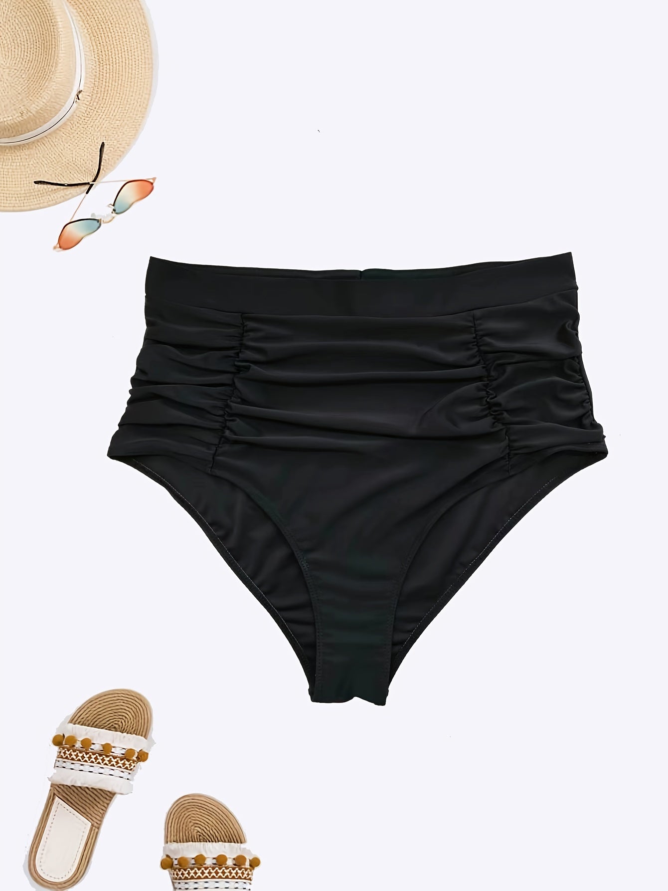  Solid Ruched High Waist Bikini Bottoms