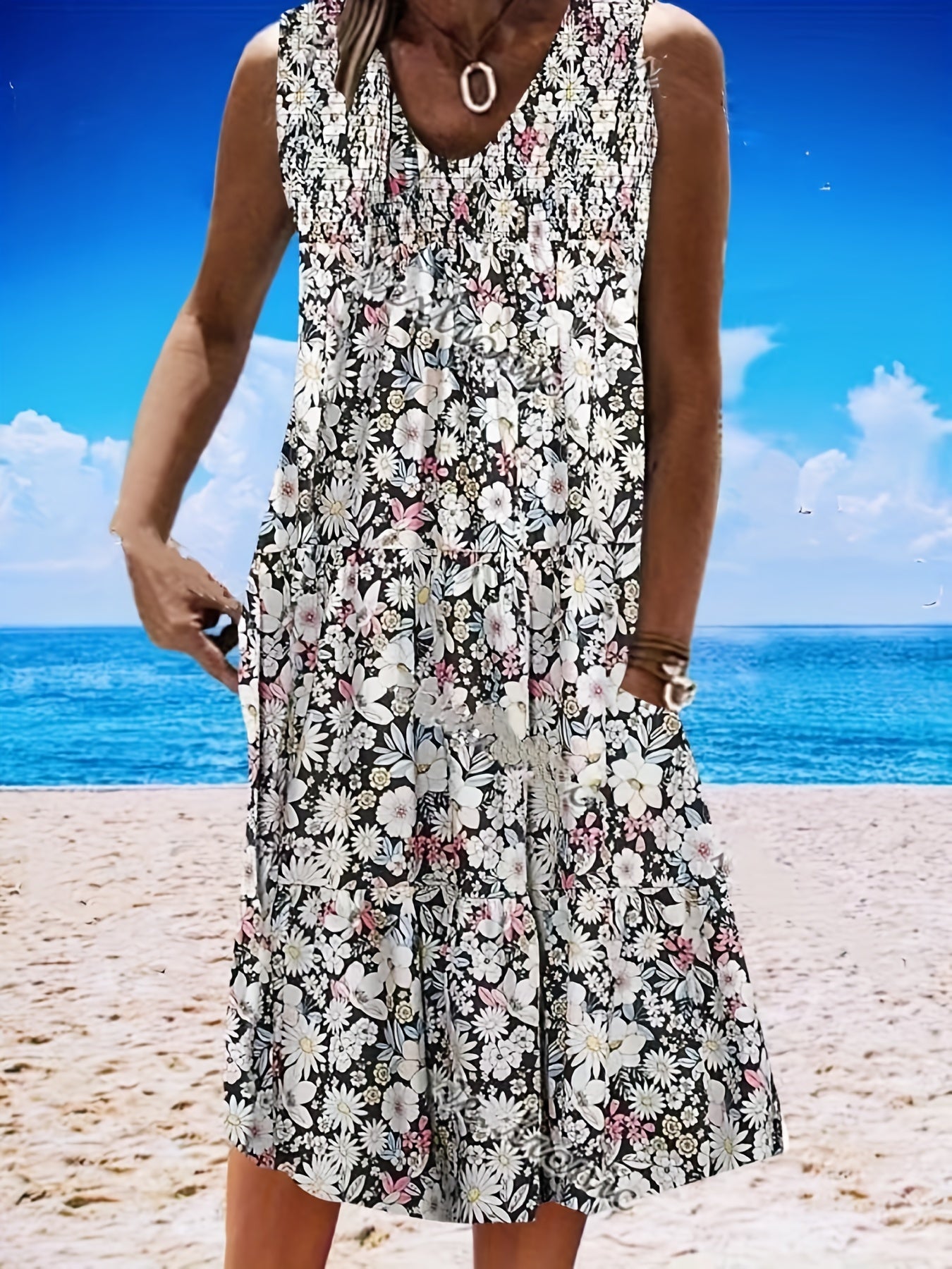  Floral Print V Neck Midi Tank Dress With Pocket