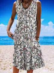  Floral Print V Neck Midi Tank Dress With Pocket