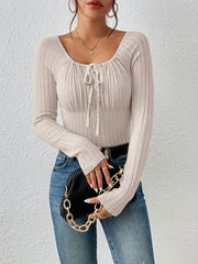  Solid Ribbed Long Sleeve Round Neck Knot Jumper