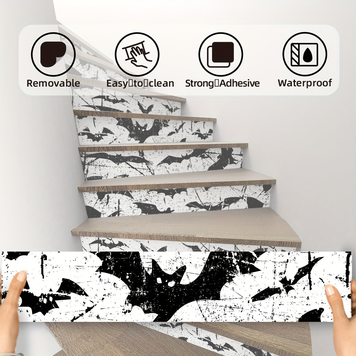 6pcs Halloween Elements & Bat Pattern Staircase Decals Self Adhesive Thick 