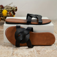 Women's Solid Beach Flat Slippers Lightweight Faux Leather