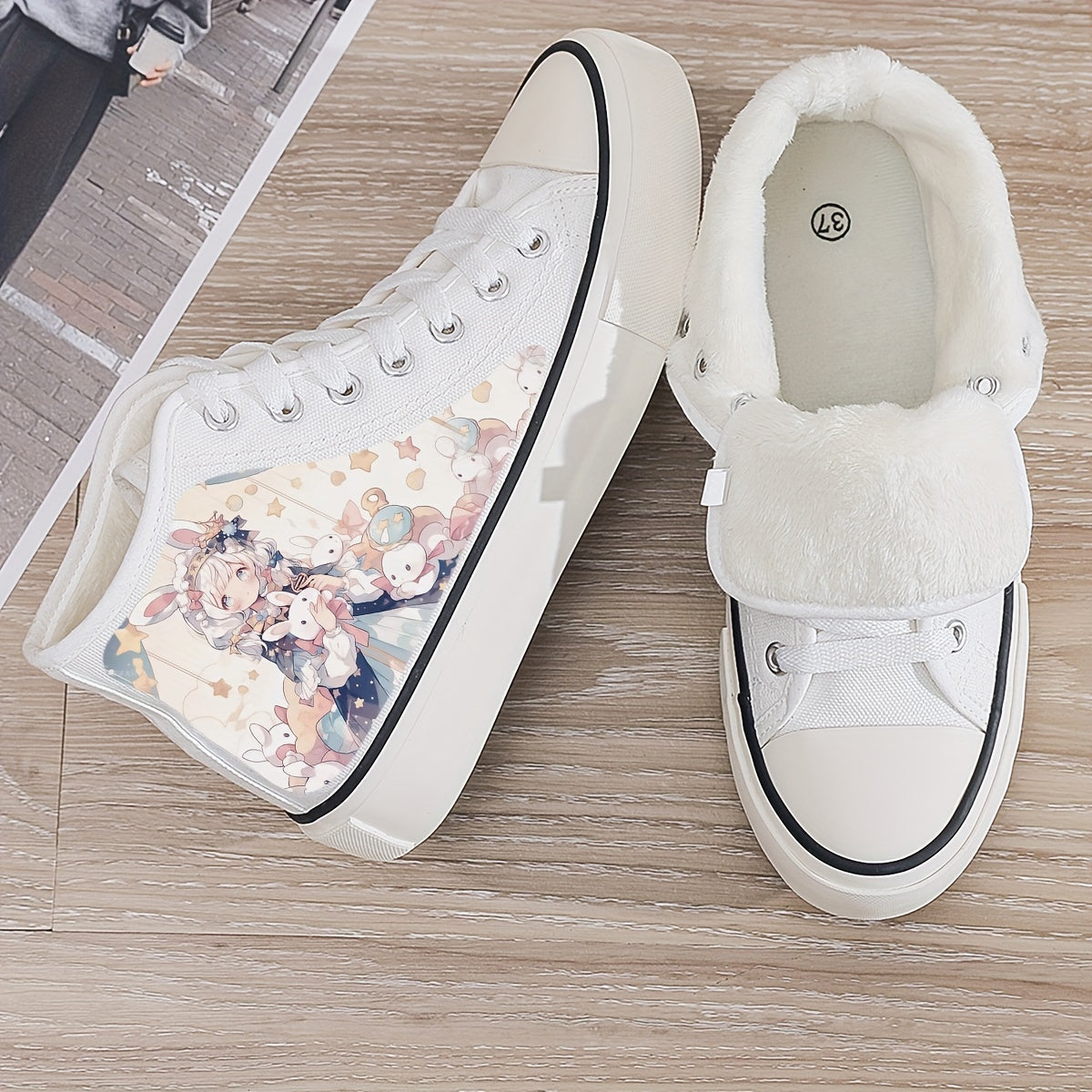 Anime Plush Lined Chunky Canvas Sneakers Flat Heighten Fall Winter Warm