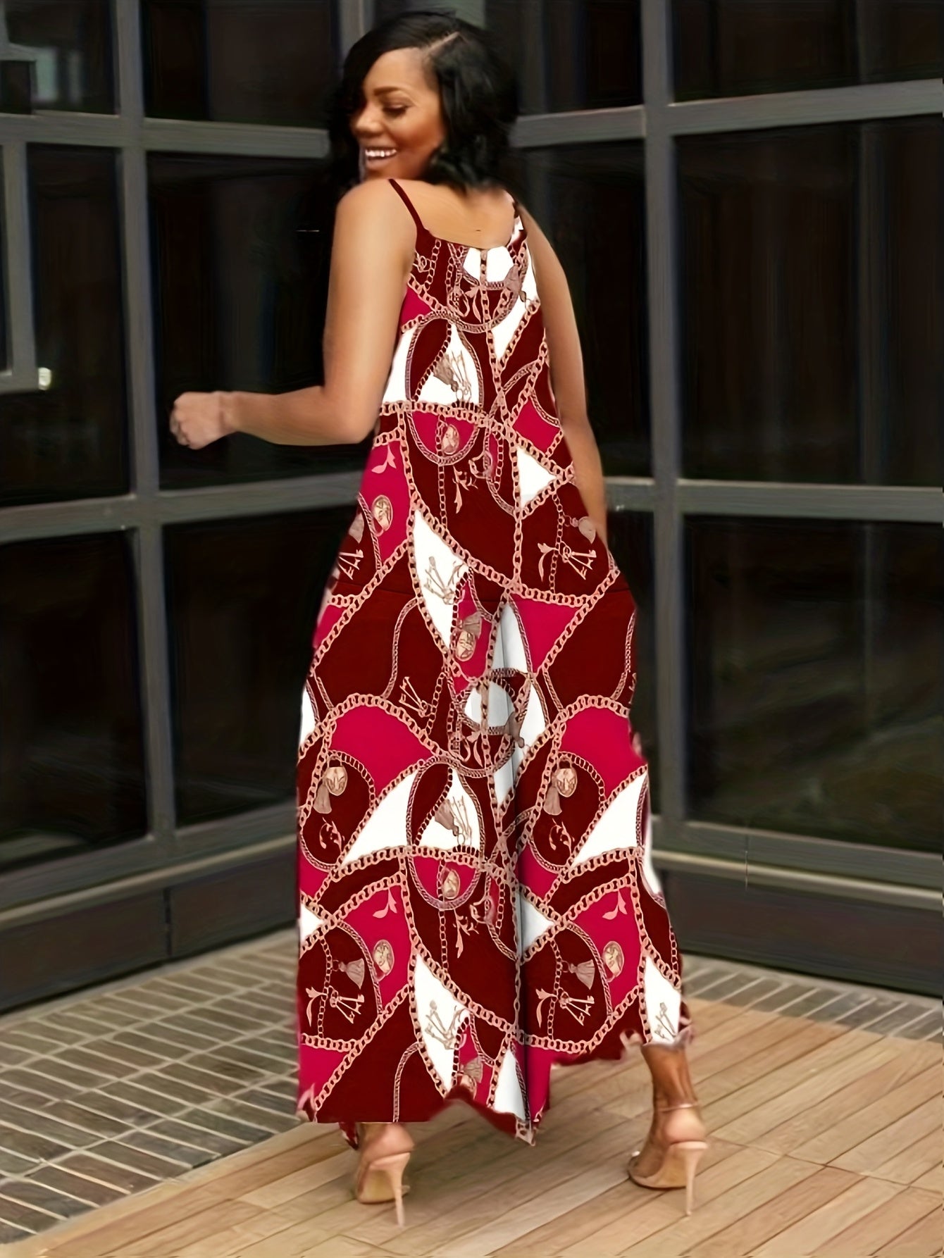  Sexy Dress Women's Plus Colorblock Chain Print V Neck Cami Maxi Dress