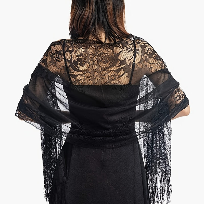 Floral Lace Scarf Shawl With Tassels Soft Mesh Fringe Wraps