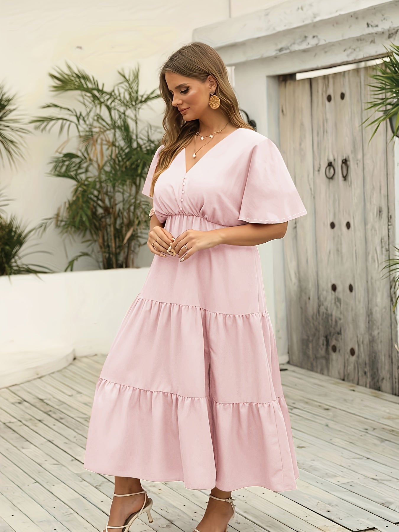  Solid Mini Pompom Decor Flutter Sleeve V Neck Smock Dress