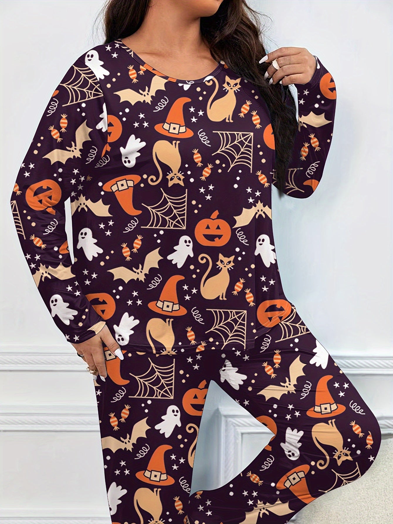  Halloween Pajamas Set Allover Halloween Graphic Tee & Pants Lounge Set