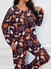  Halloween Pajamas Set Allover Halloween Graphic Tee & Pants Lounge Set
