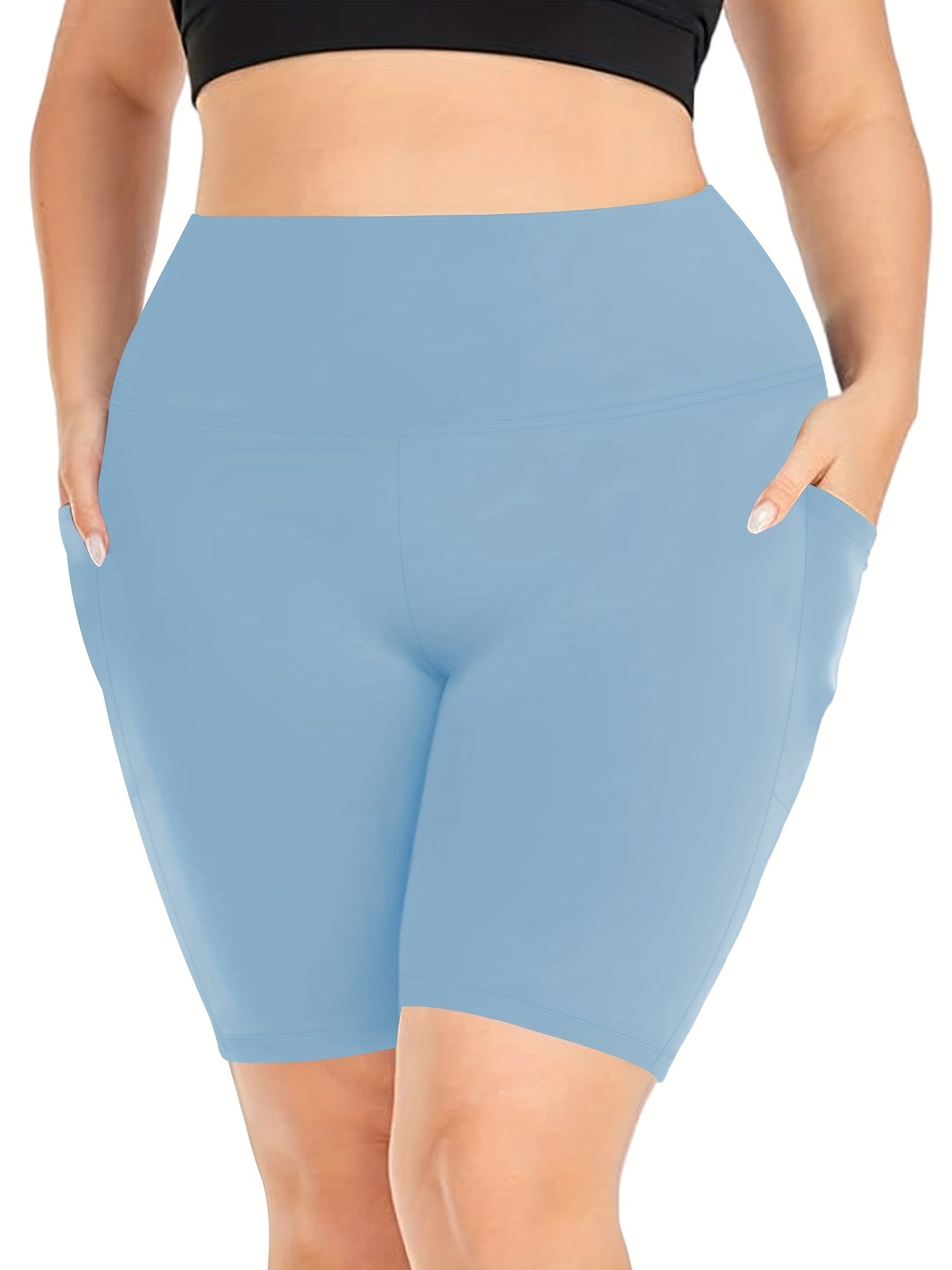 Plus Size Sports Shorts Women's Plus Solid High Rise Pockets Side Stretchy Yoga