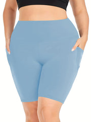 Plus Size Sports Shorts Women's Plus Solid High Rise Pockets Side Stretchy Yoga
