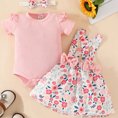 3pcs Baby Girls Onesie & Floral Suspender Skirt Set