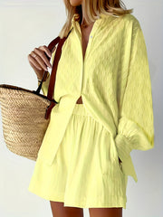  Solid Button Up Long Sleeve Blouse & Shorts Set