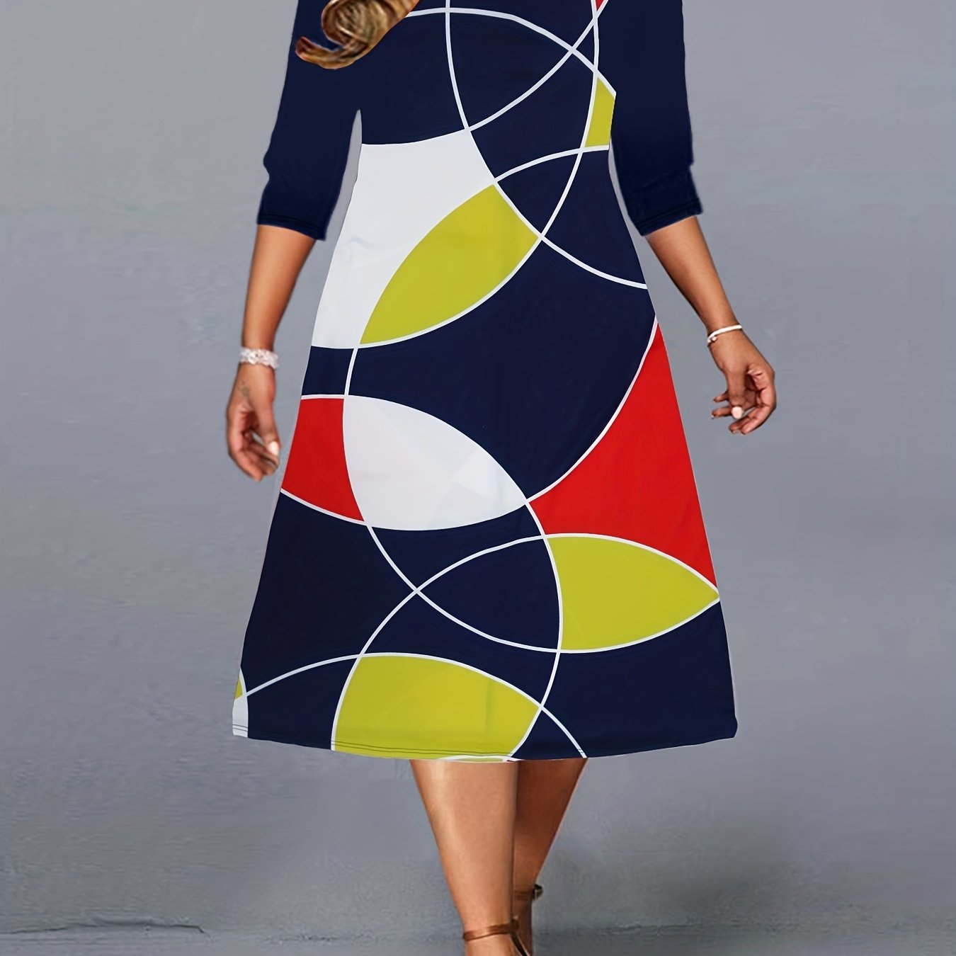  Colorblock Geometric Print Half Sleeve Midi Dress