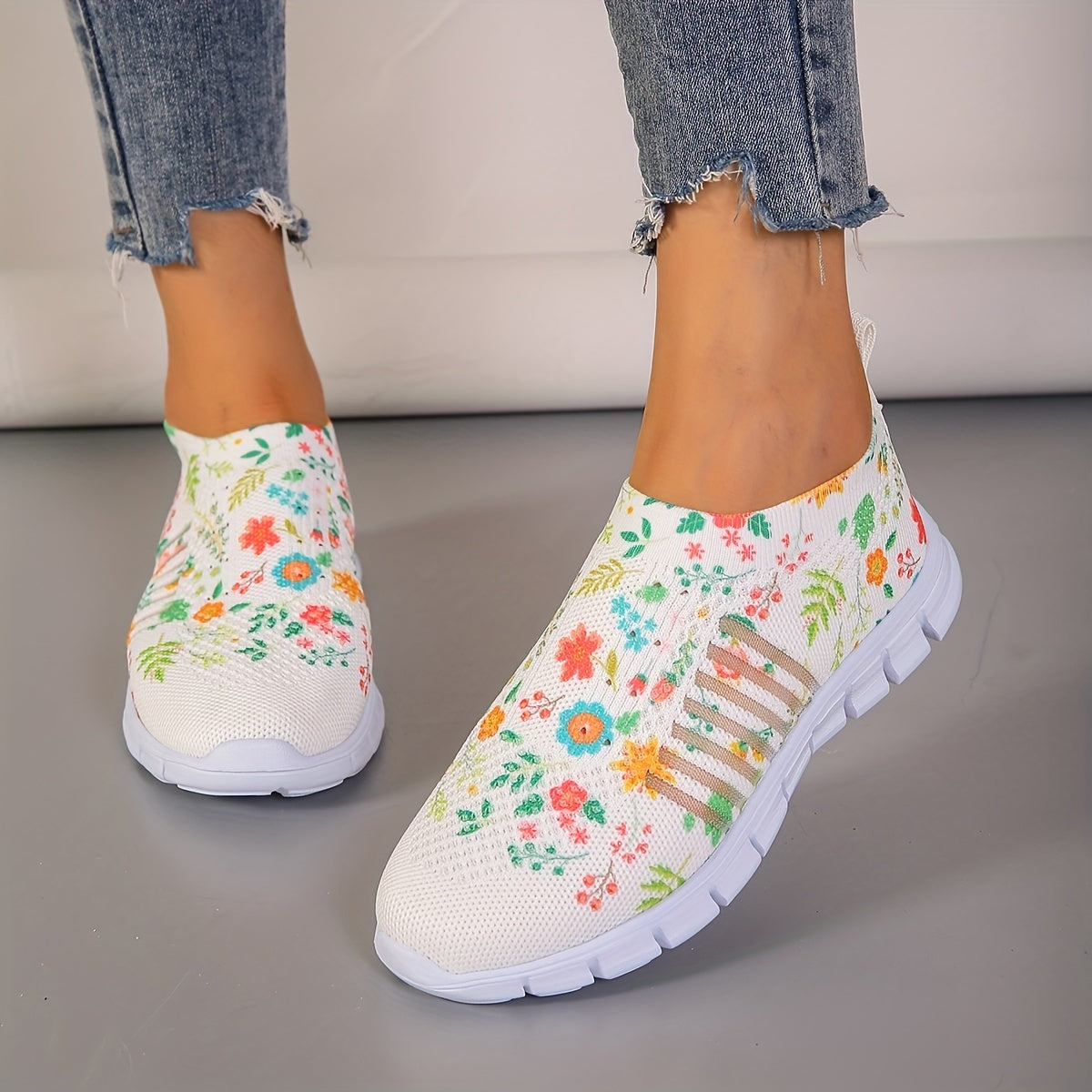 Floral Print Sock Shoes Low Top Slip On Comfy Running Shoes