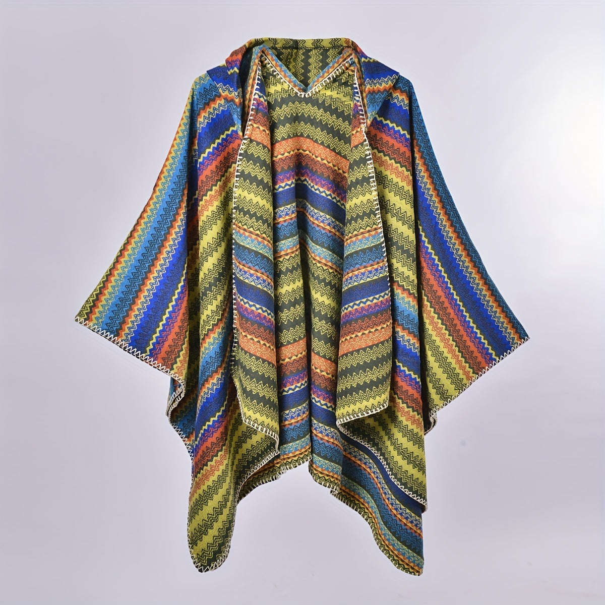 Striped Jacquard Hoodie Shawls Thick Warm Poncho Vintage Cardigan