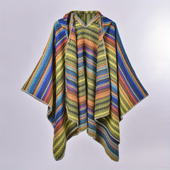 Striped Jacquard Hoodie Shawls Thick Warm Poncho Vintage Cardigan