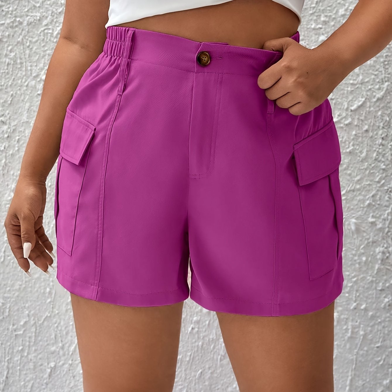 Women's Plus Solid High Rise Cargo Shorts Loose Fit