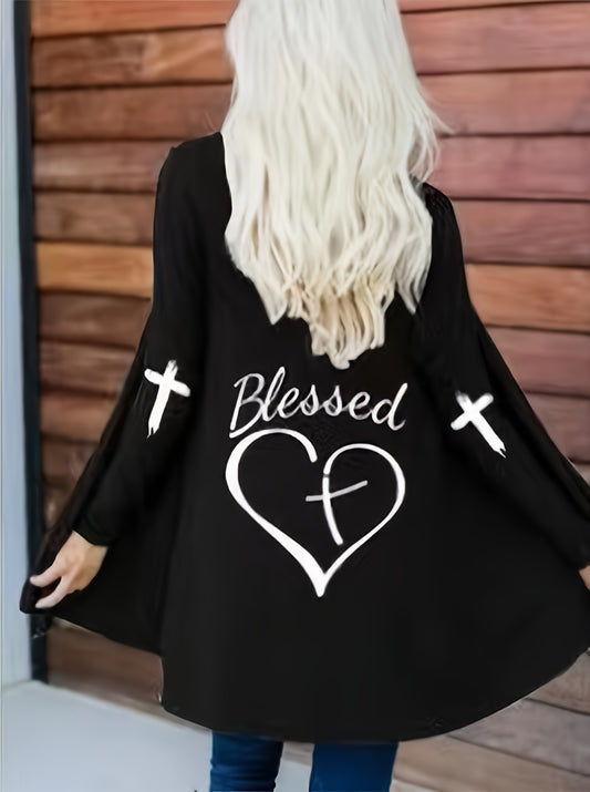  Casual Cardigan Cross & Heart Print Long Sleeve Open Front Cardigan