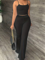  Solid Crew Neck Cami Top & Flared Leg Pants Outfits Set