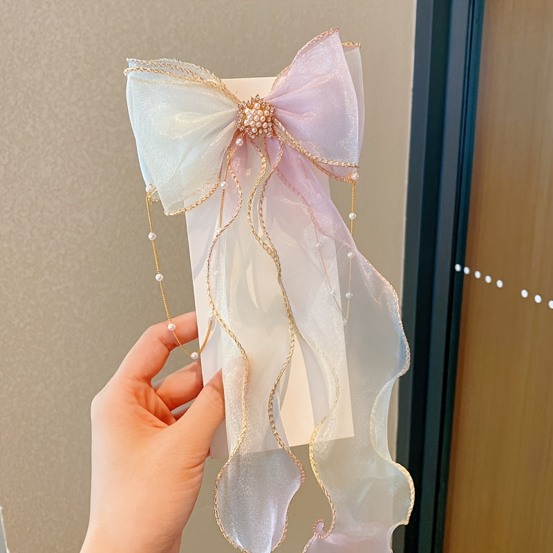 Baby Girls Mesh Bow Ribbon Hair Clips With Pearl Tassel