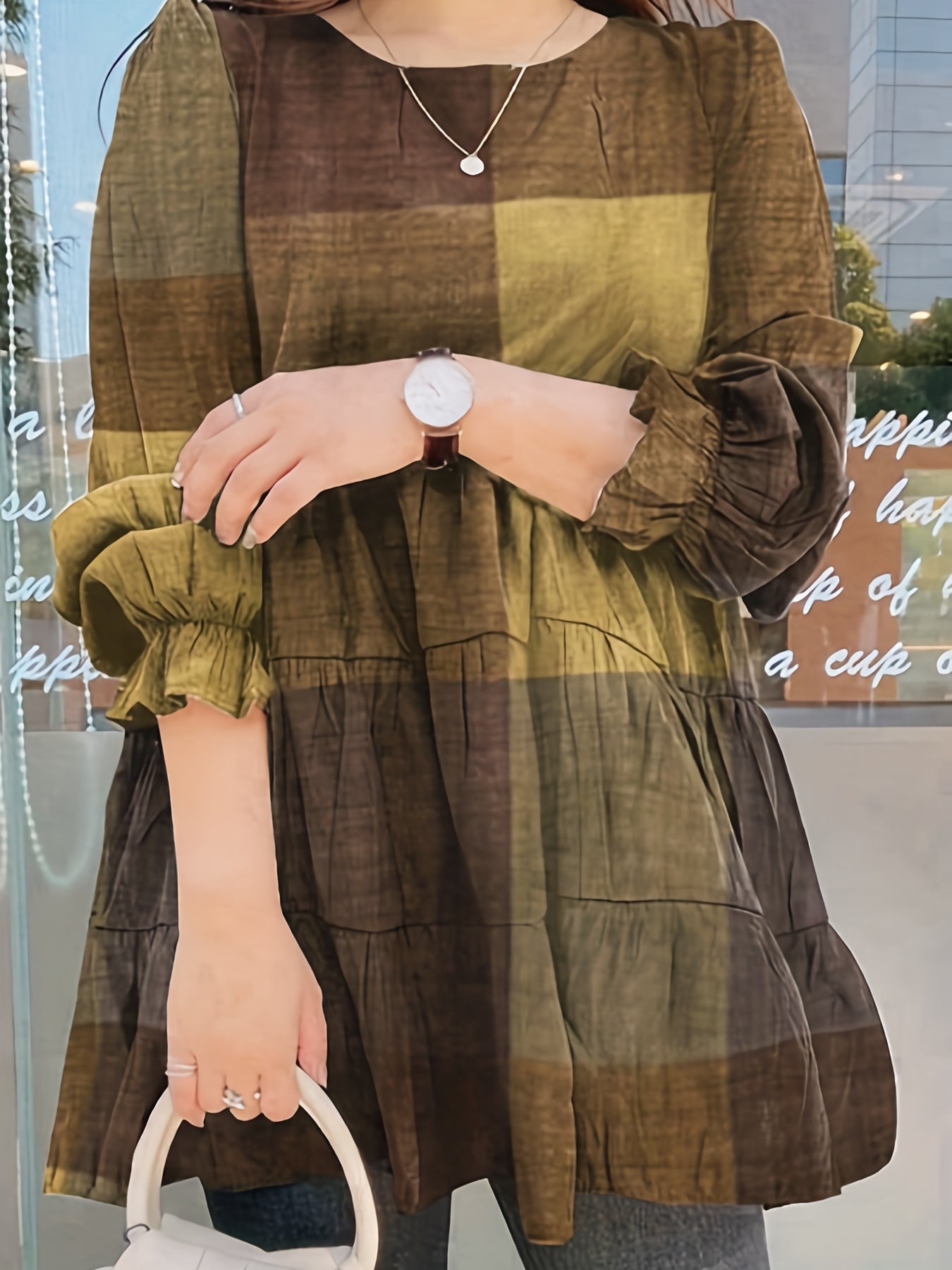  Colorblock Grid Print Lantern Sleeve Smock Dress
