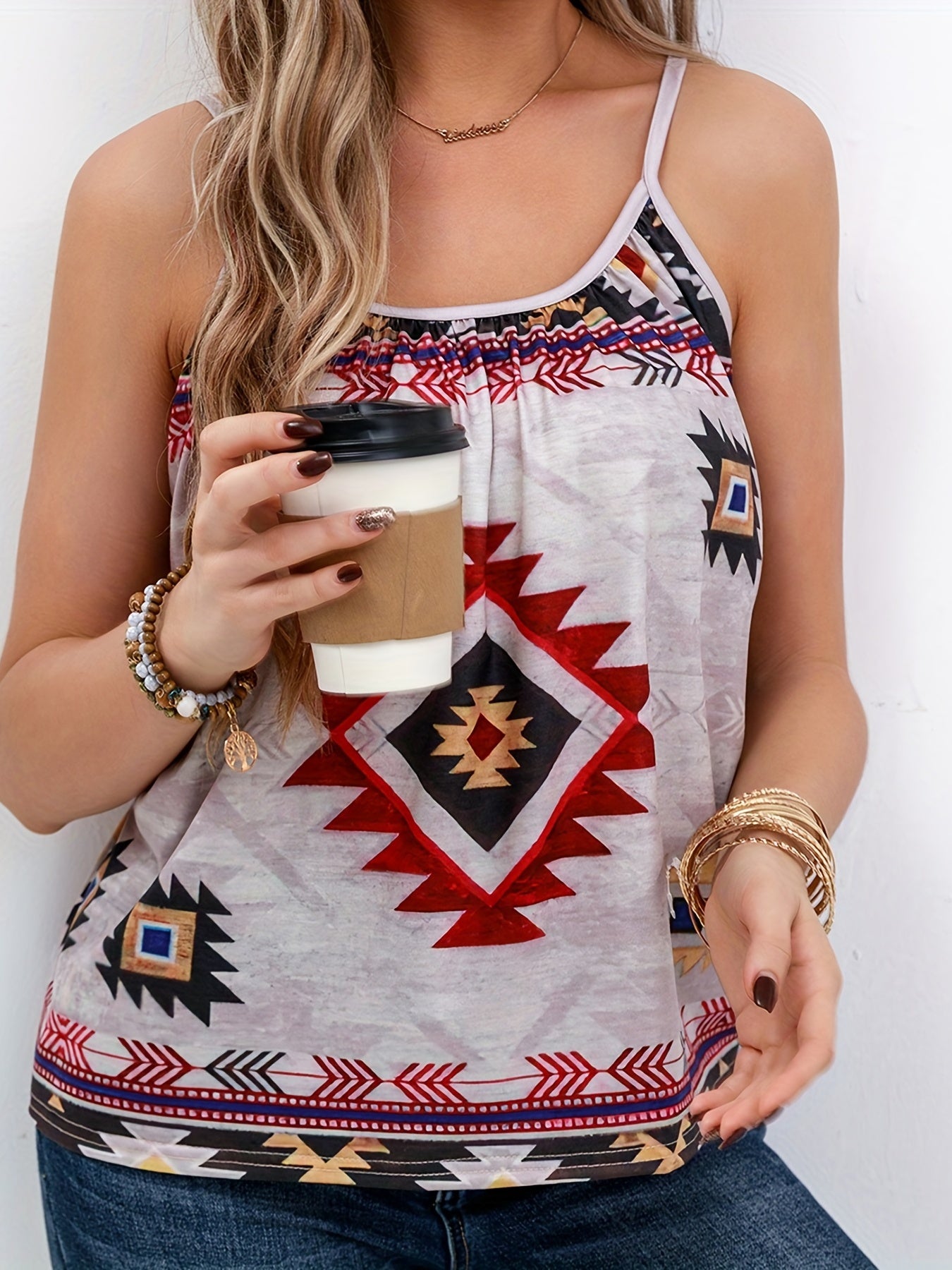  Boho Cami Geo Print Round Neck Vacay Top Women's