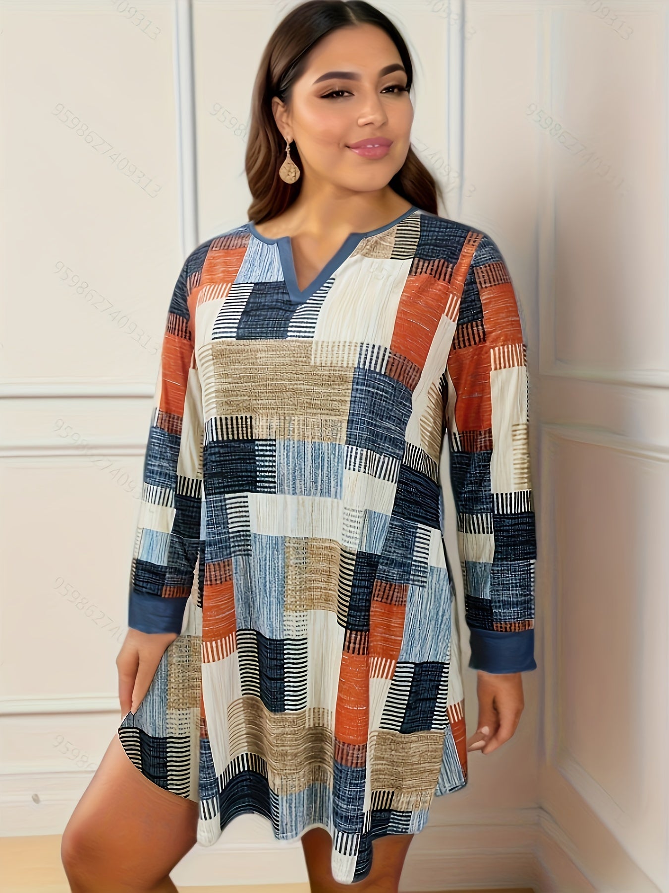  Colorblock Geometric Print Long Sleeve Dress