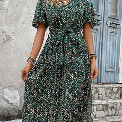  Ditsy Print Short Sleeve Surplice Neck Dress With Belt